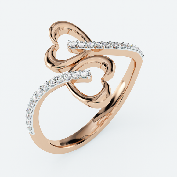 Two connected hearts on the Sterling Silver twisted band with strings of S-quality diamonds. Polished with rose gold.