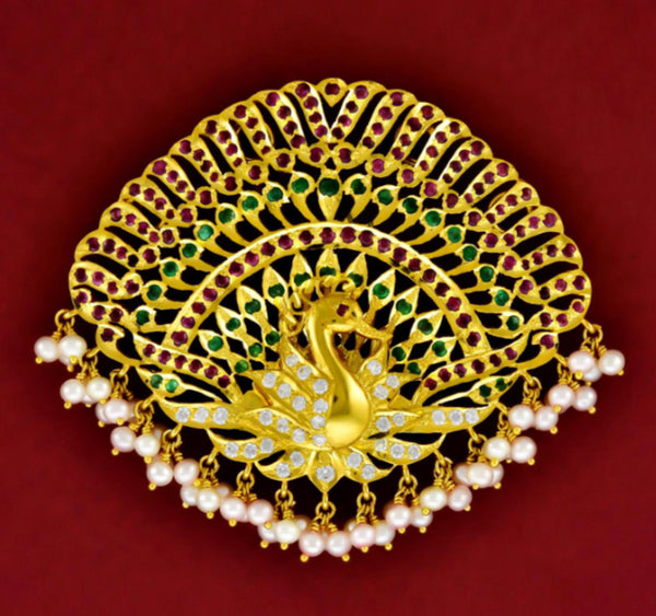 Eye-catching multi-stone dancing peacock pathakam in real gold in Mississauga.