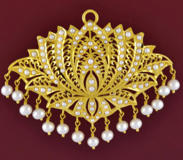 Lotus flower pathakam pendant design with pearl danglers.