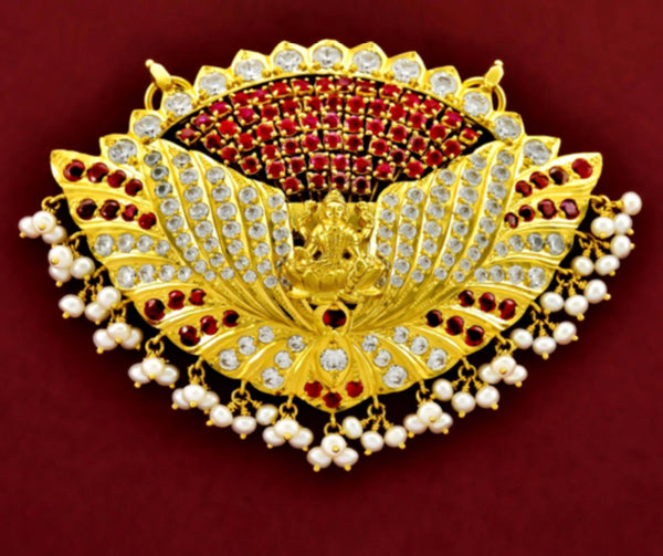 Devi Lakshmi pathakam pendant with ruby CZ and dainty pearl drops.