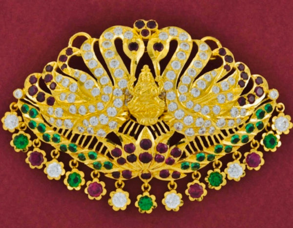 Double peacock floral drops multi-stone pathakam pendant.