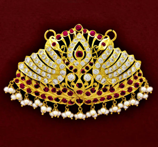 Twin peacock pathakam with freshwater pearls, rubies and clear CZ stones.