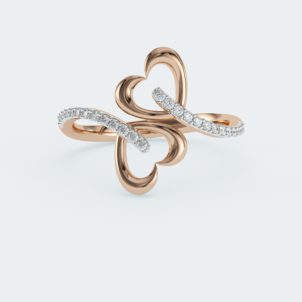 A twin hearts ring with sequences of diamonds plated with long-lasting radiant gold metal.