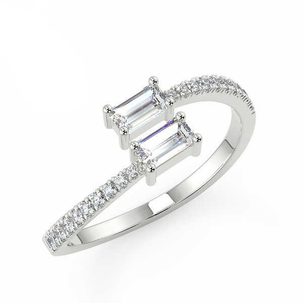 Double diamonds mean double twinkle. Twin emerald-cut diamond twirls with bordered diamonds at both ends.