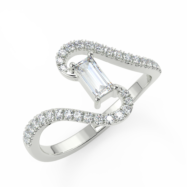 An emerald-cut centrepiece attached to curly pattern Sterling Silver band jazzed up with miniature diamonds. 